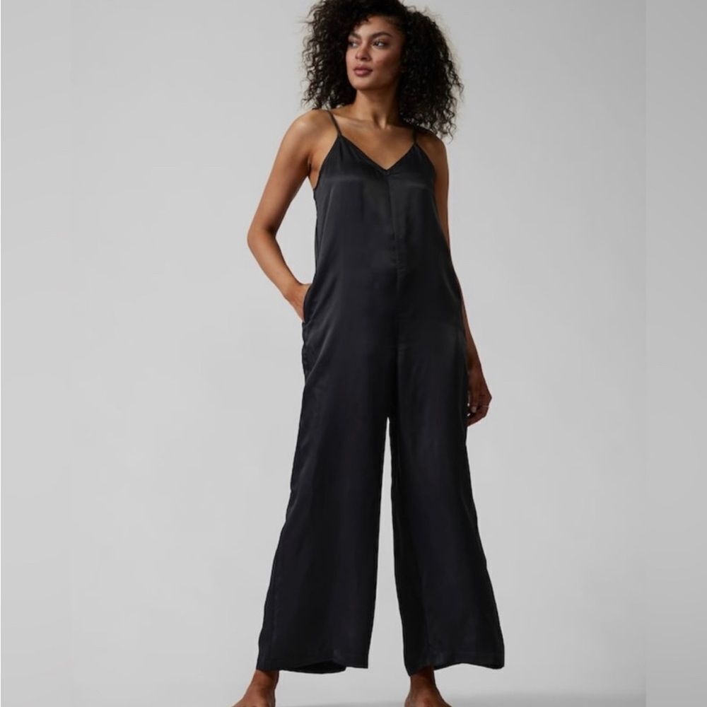 Athleta Black Satin V-Neck Wide-Leg Jumpsuit